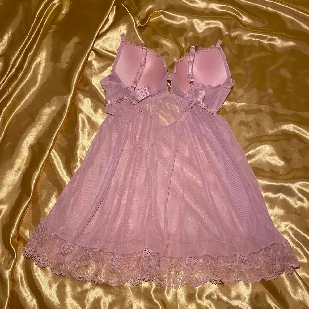 Daisy Fuentes Pink Sheer Lace Babydoll Slip Dress with Underwire Cups